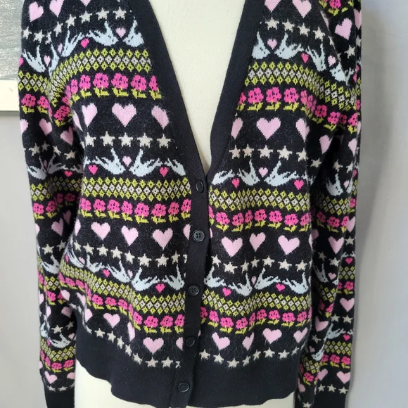 Anthropologie Maeve Hearts Dove Floral Cropped Novelty Cardigan Sweater L - Picture 6 of 14